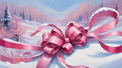 The primary subject of the image is a large, pink bow. The setting is a snowy landscape, with trees in the background. The visual style is a painting, and the colors and mood are predominantly pink and cold, creating a warm and cozy atmosphere.